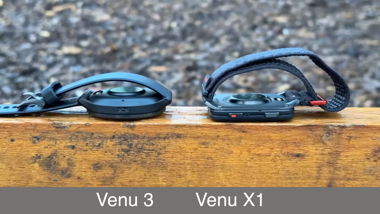 Side profile comparison of Venu 3 and Venu X1 showing Venu X1's thin 8 mm case