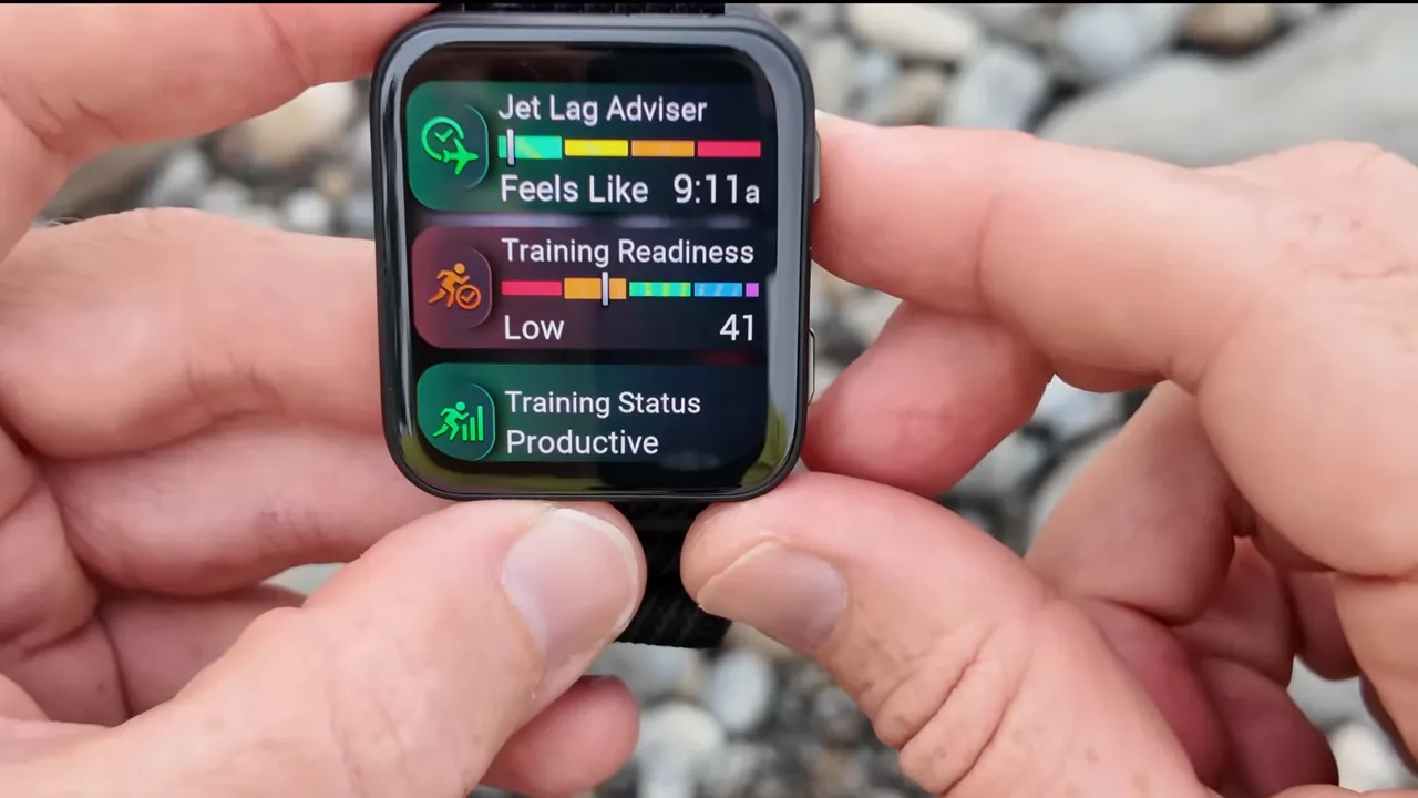 Garmin venu x1 screen showing Jet Lag Adviser, Training Readiness and Training Status widgets