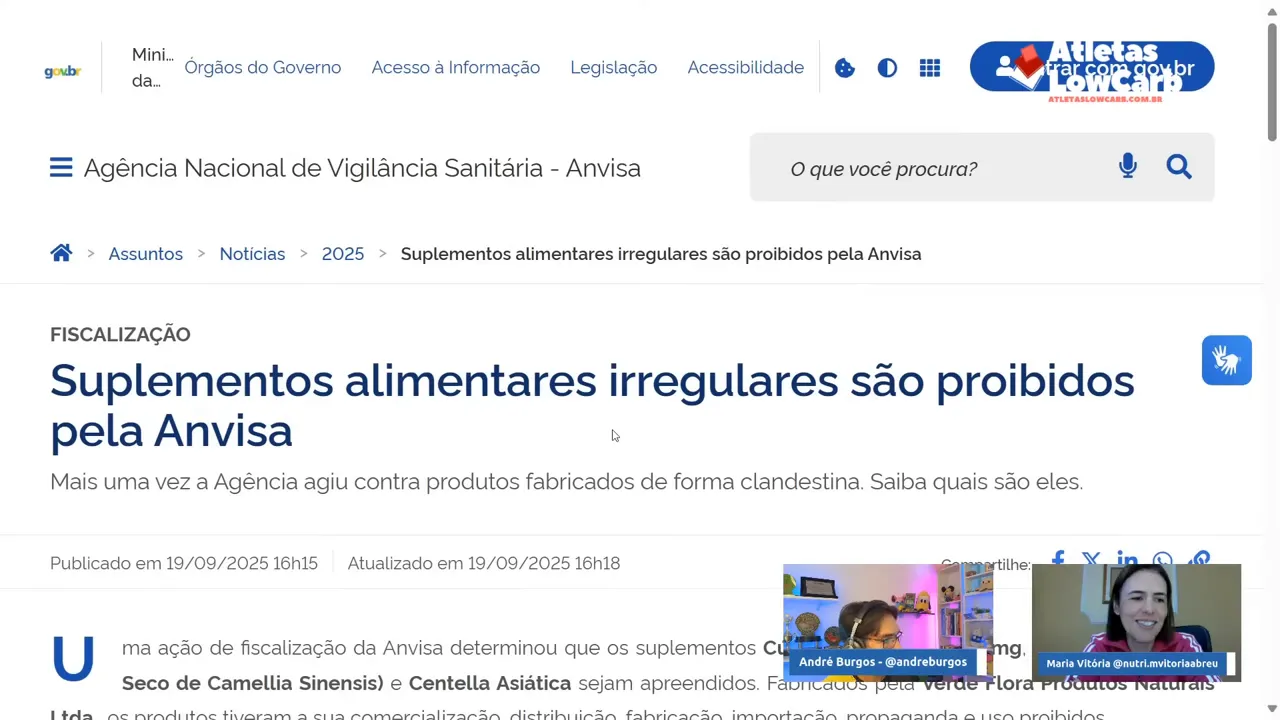 Título da página da Anvisa informando que suplementos alimentares irregulares são proibidos
