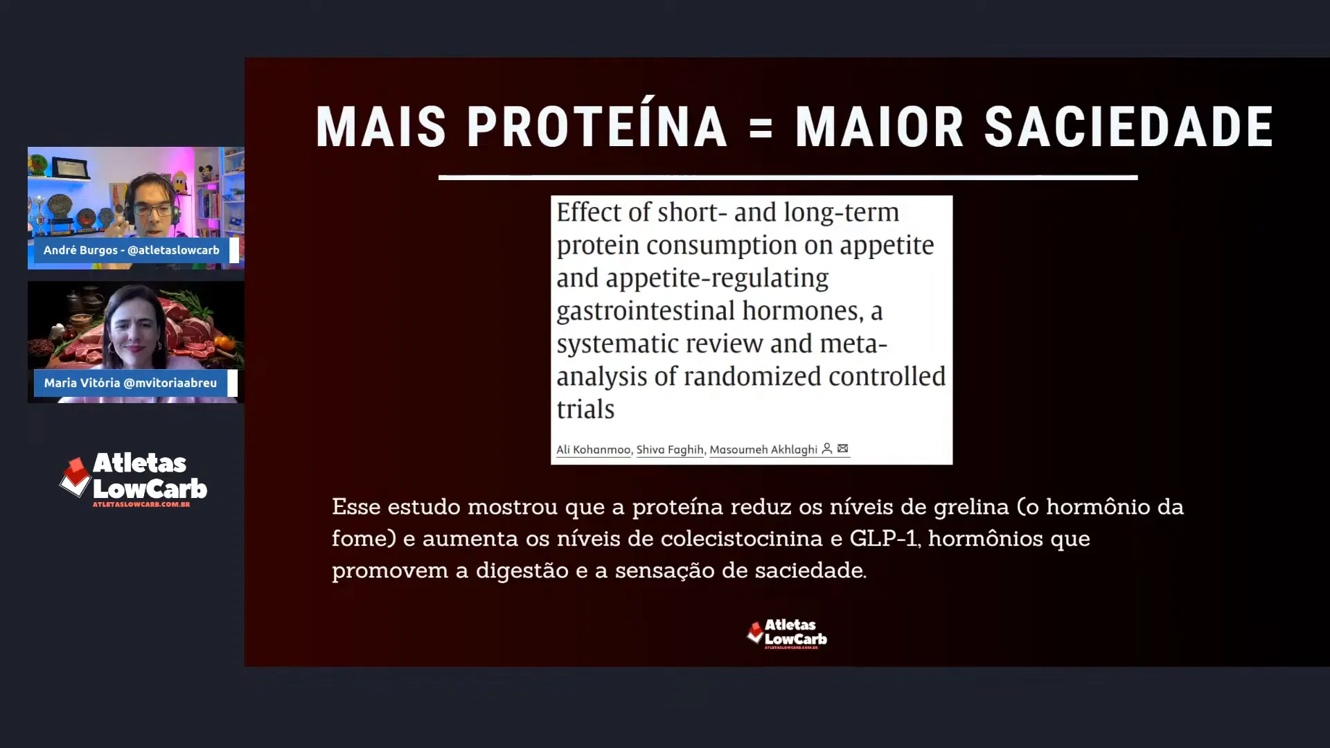 Slide sobre metanálise que mostra maior saciedade com mais proteína