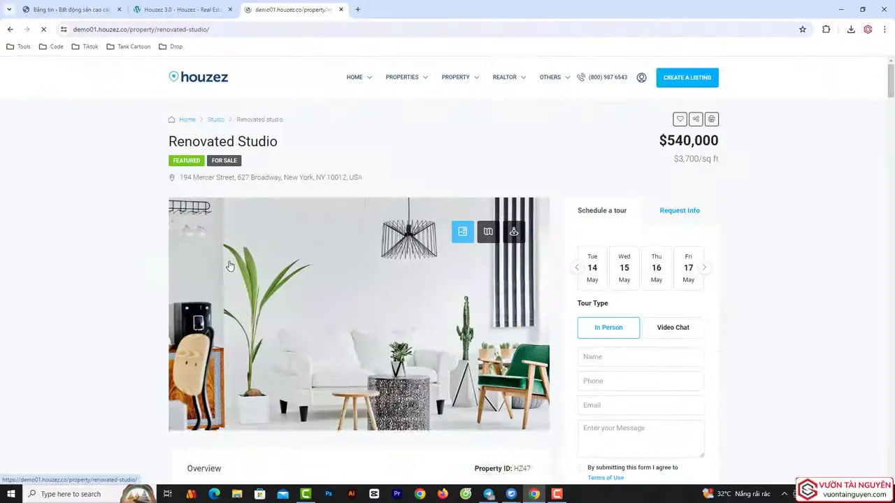 Trang chi tiết bất động sản hiển thị ảnh lớn, thông số căn nhà và biểu mẫu liên hệ