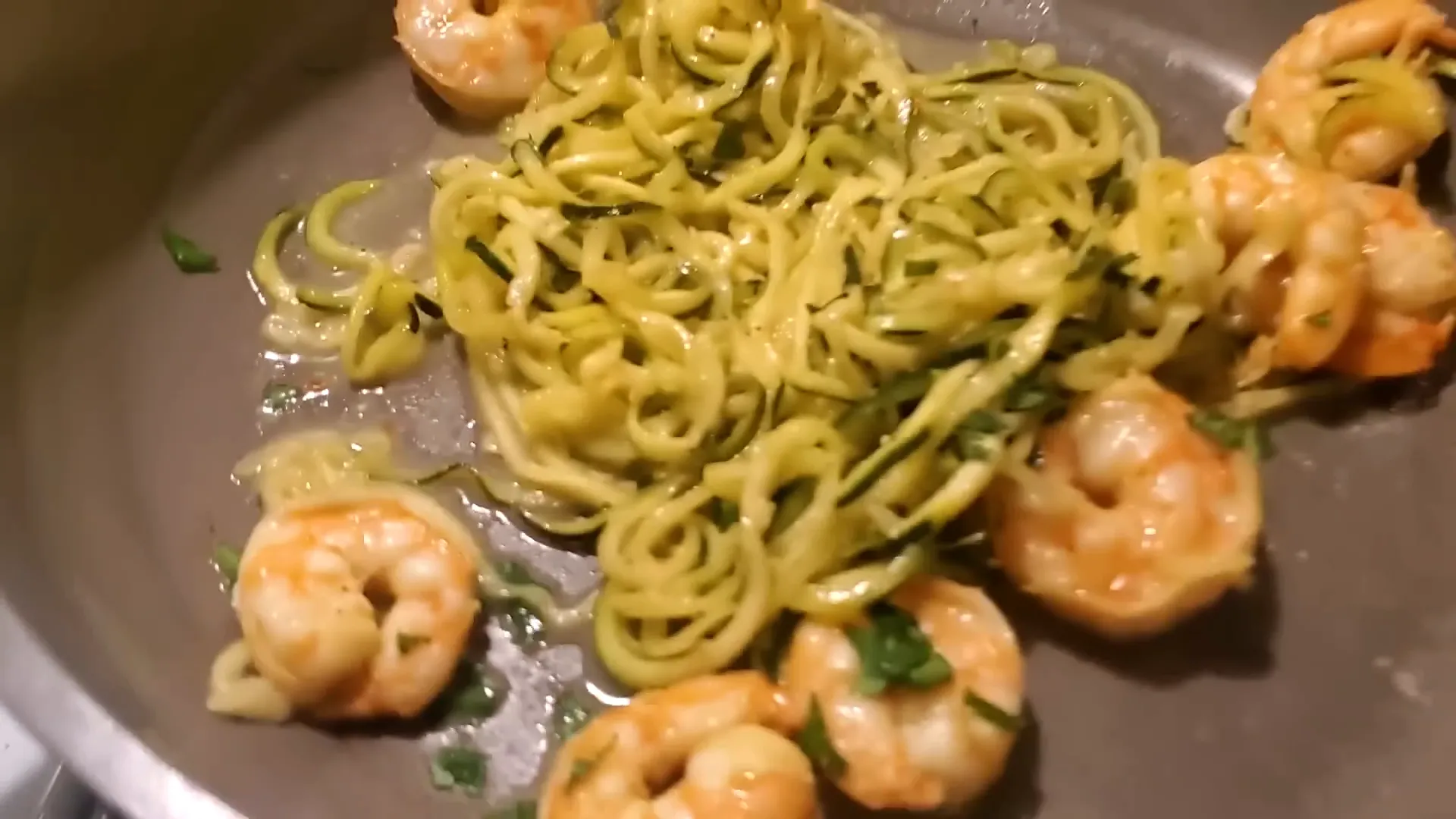 Final dinner of zoodles and shrimp.