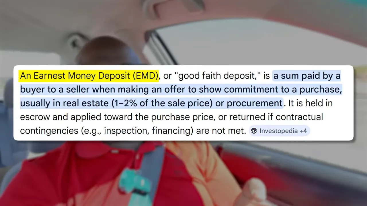 Explainer graphic defining earnest money deposit (EMD) as a good faith deposit held in escrow