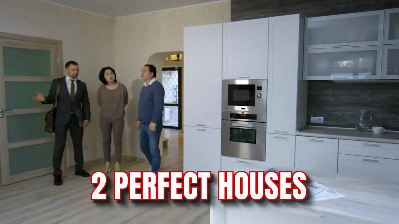 Showing a home interior with the text '2 PERFECT HOUSES' during a discussion on selecting two acceptable options