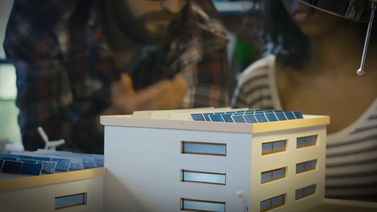 Scale model of a building showing solar panels on the roof with blurred people in the background
