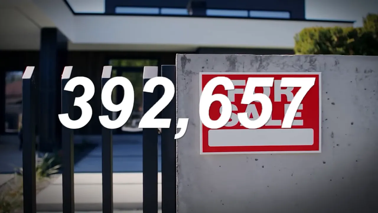 Listing price overlay (392,657) with a for-sale sign on a concrete wall in front of a house