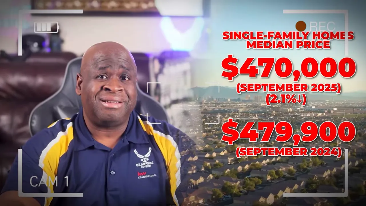 Presenter at left with overlay text showing single‑family homes median price $470,000 (September 2025) and prior $479,900 over an aerial neighborhood view.