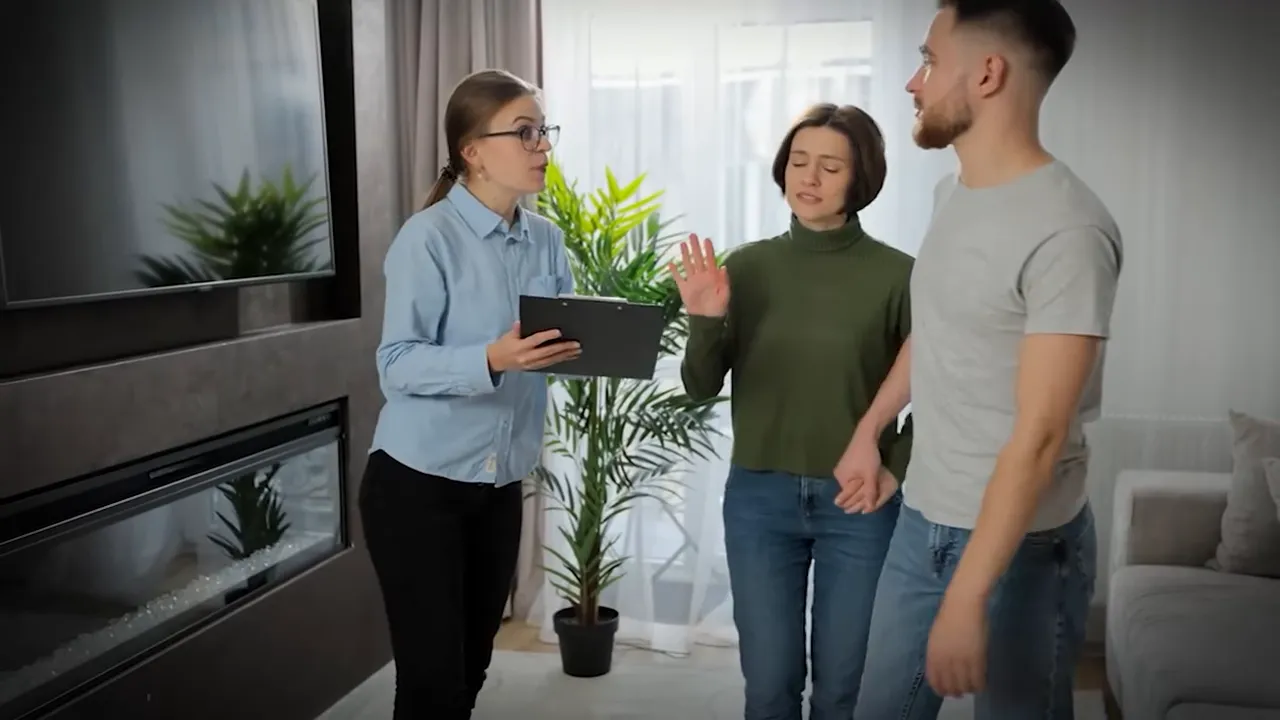 Real estate agent presenting a clipboard while buyers gesture to decline