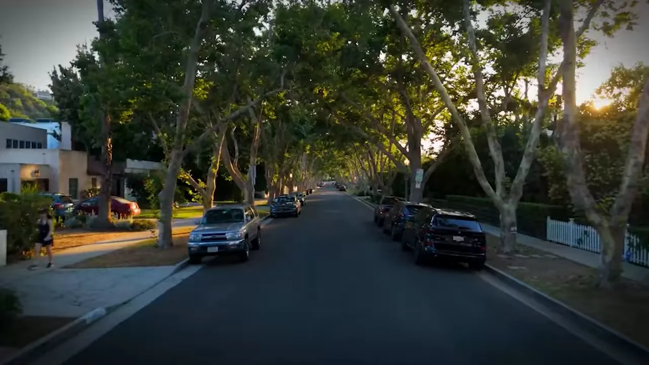 Tree-lined residential street with parked cars and sidewalks, showing a typical neighborhood