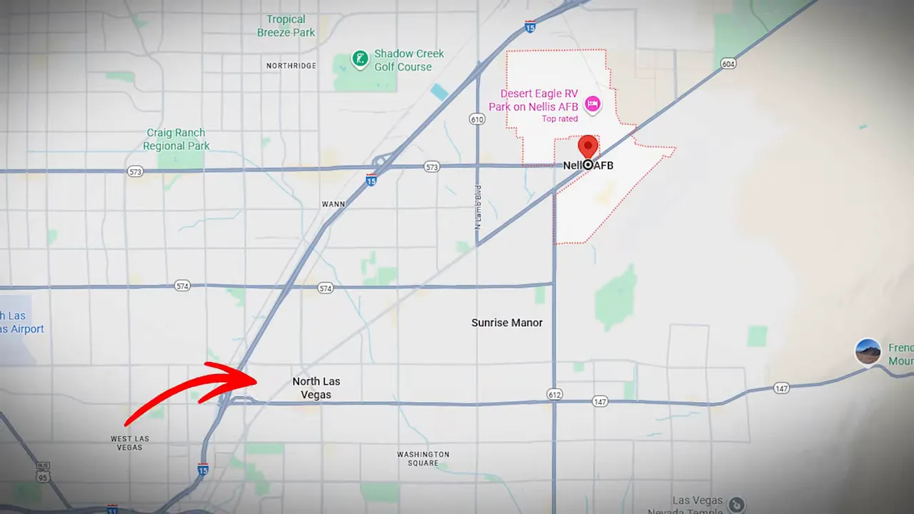 Map with a red arrow pointing to North Las Vegas and a pin at Nellis AFB illustrating proximity.