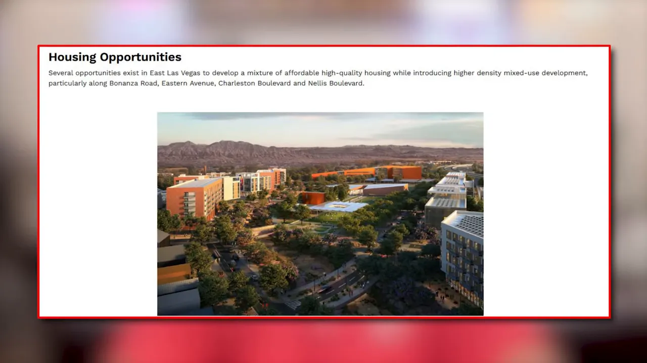 Screenshot of a 'Housing Opportunities' page showing a redevelopment rendering and description for East Las Vegas