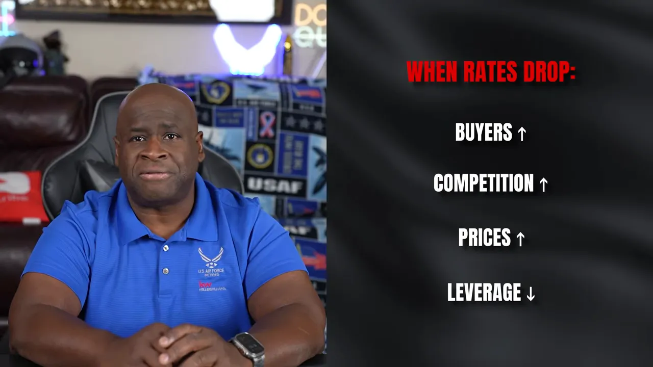 Real estate presenter screenshot explaining how falling mortgage rates can increase competition and prices