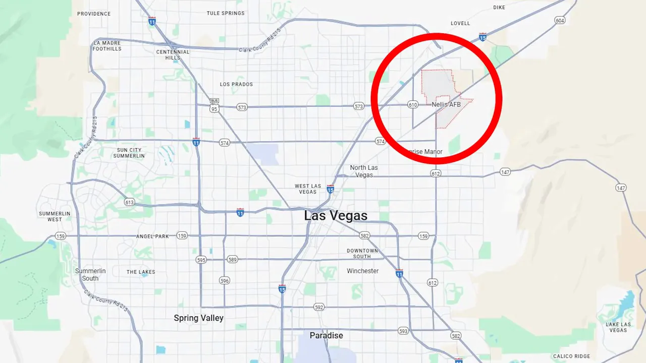 Map of Las Vegas with Nellis AFB highlighted by a red circle in the northeast part of the valley