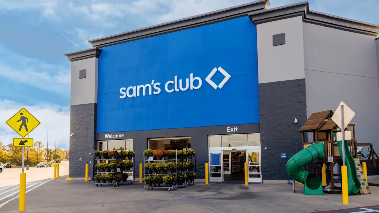 Sam's Club storefront entrance with visible sign and parking-area displays