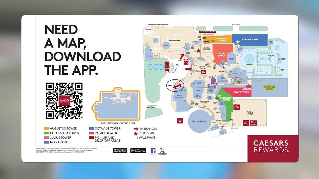 Caesars property map with Caesars Rewards logo and QR code