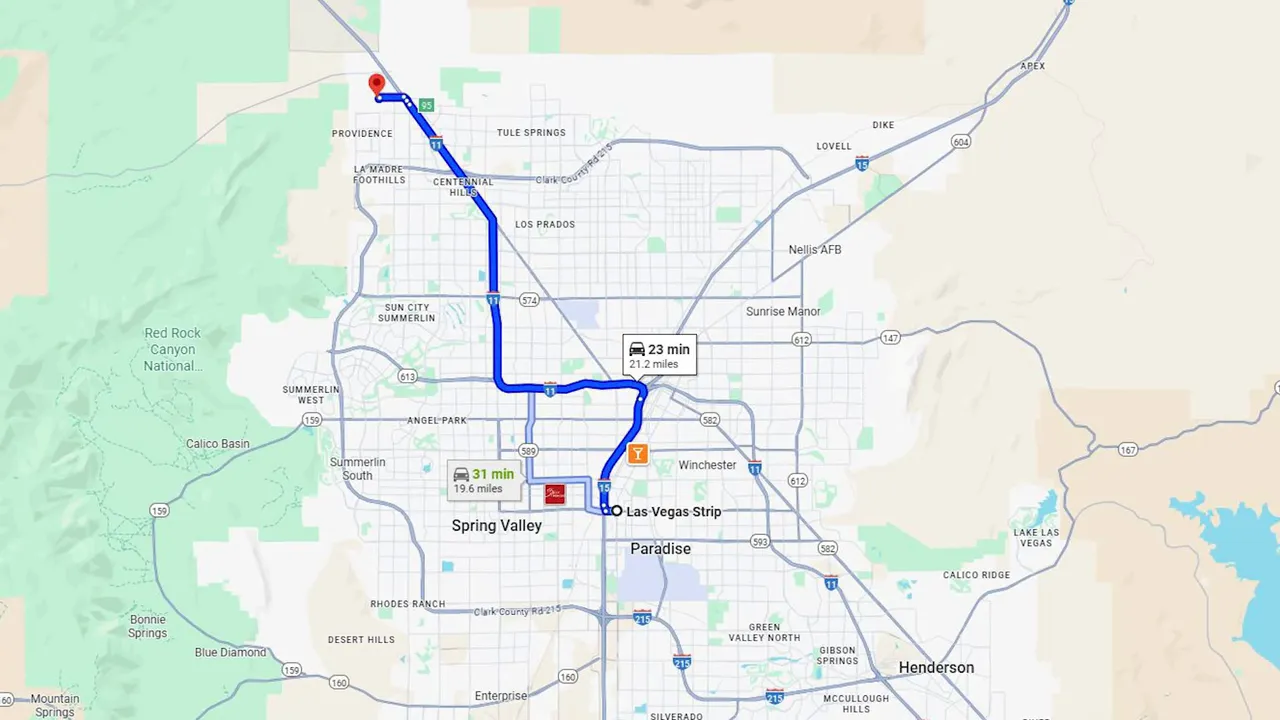 Driving route map shows 25 to 35 minute access from Skye Canyon to the Strip