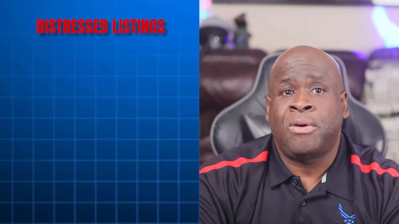 Split-screen with 'DISTRESSED LISTINGS' headline on a blue grid at left and the host speaking at right