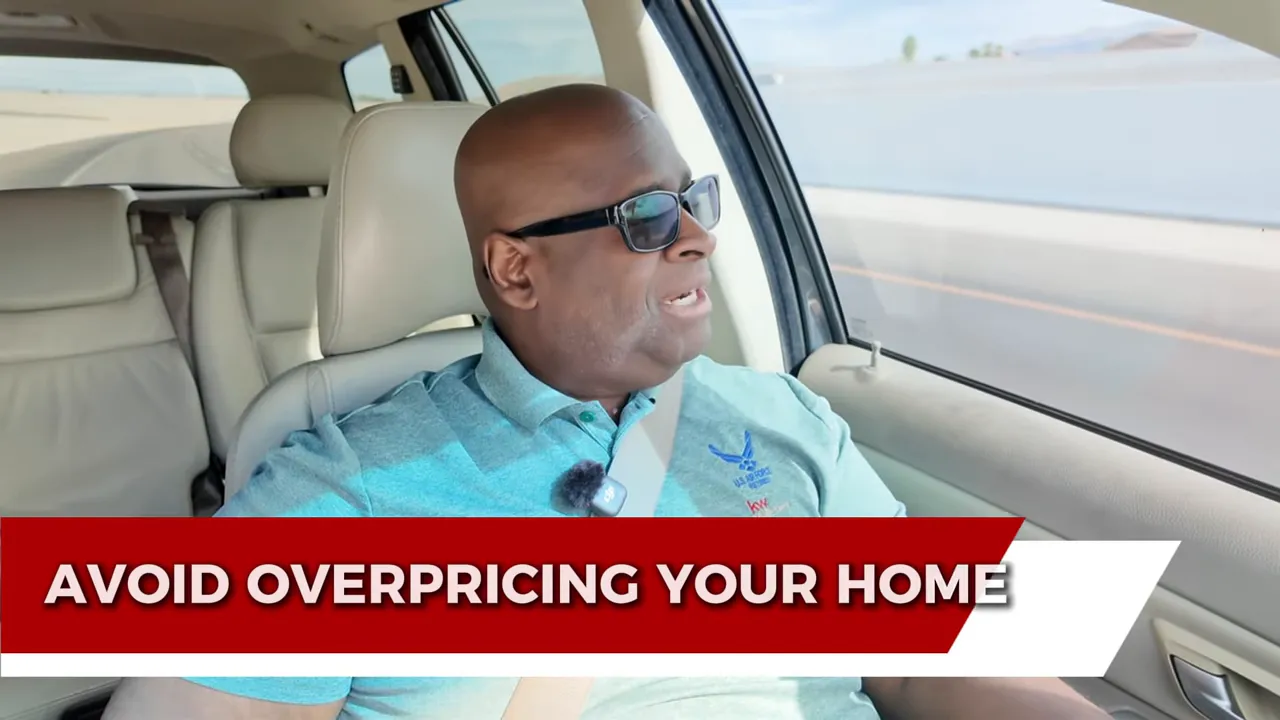 Presenter in a car with a bold banner reading 'AVOID OVERPRICING YOUR HOME'.