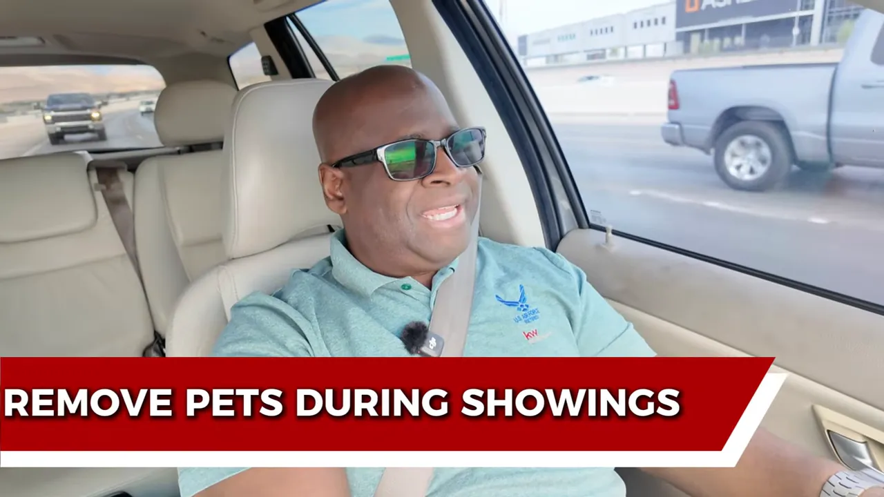 video screenshot with bold banner reading 'REMOVE PETS DURING SHOWINGS' over a person in a car