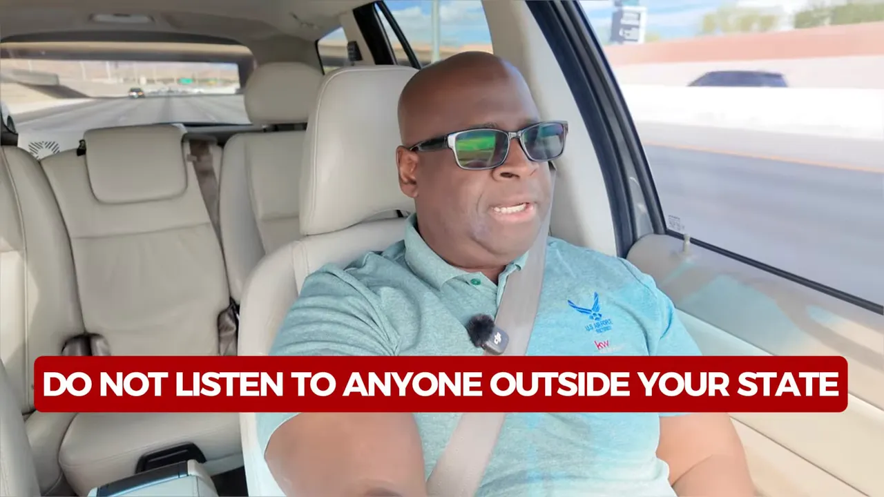 Host speaking in a car with a bold on-screen banner reading 'DO NOT LISTEN TO ANYONE OUTSIDE YOUR STATE'.