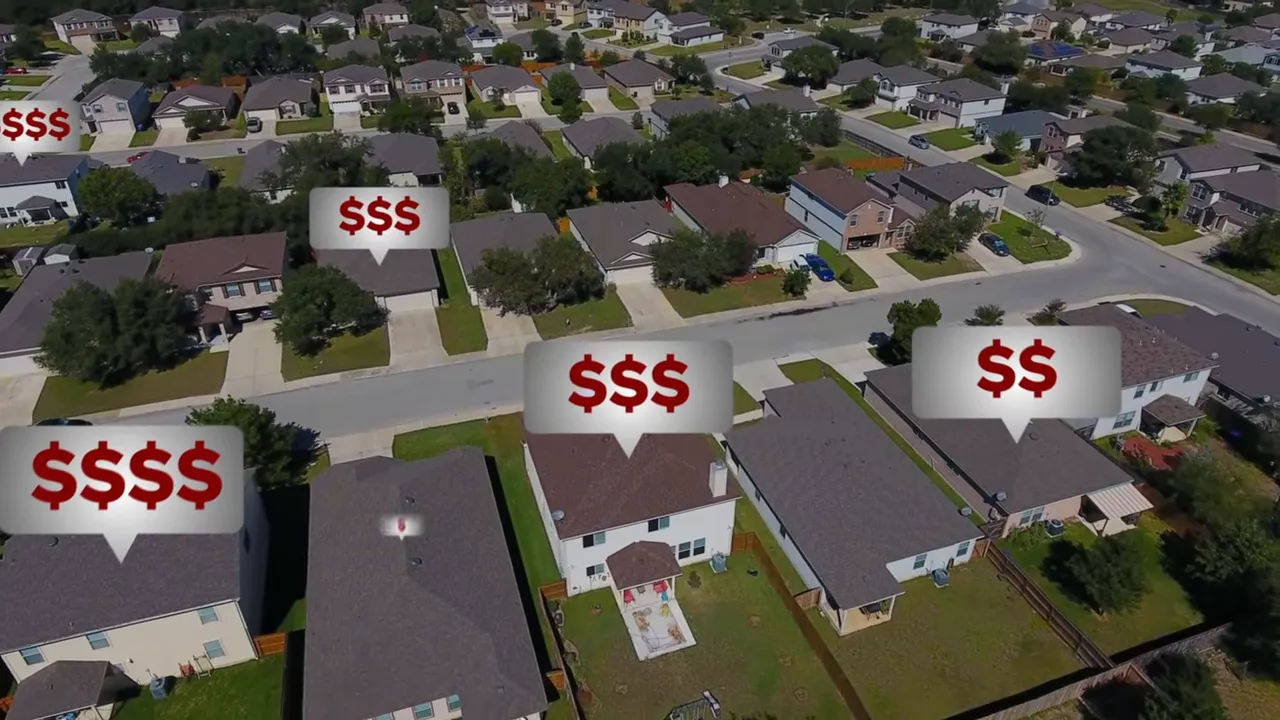 Aerial neighborhood shot with dollar-sign callouts over multiple houses illustrating pricing and market comparisons.