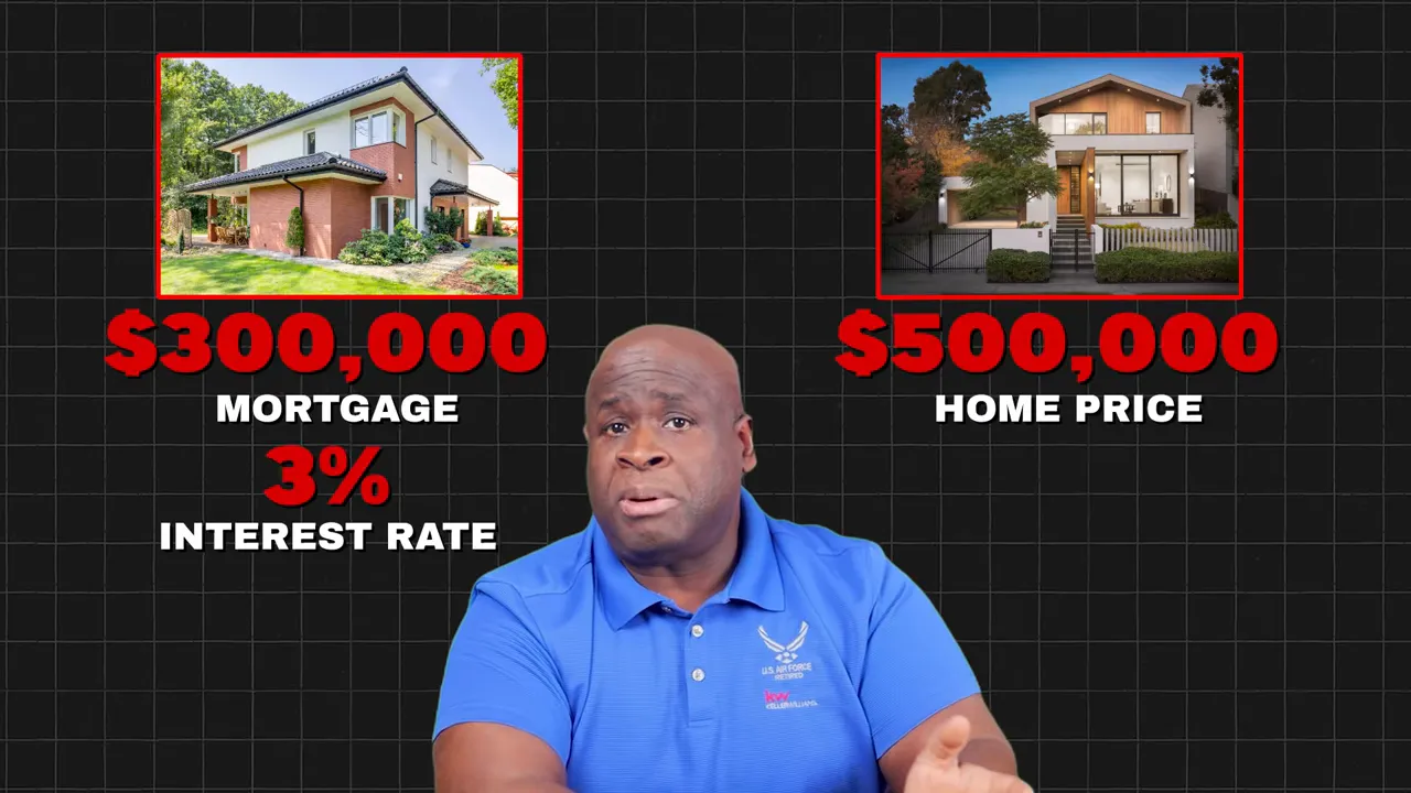 diagram showing $300,000 mortgage at 3% on the left and $500,000 home price on the right with presenter