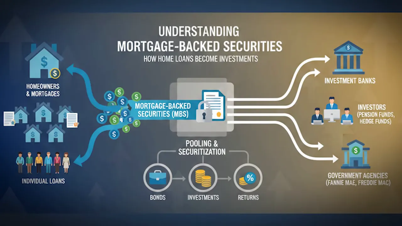 Infographic showing pooling and securitization of mortgage-backed securities with arrows to investors and government agencies