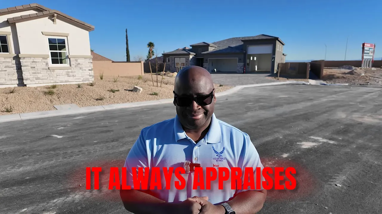 Agent outdoors in a new construction neighborhood with text overlay about smooth appraisals