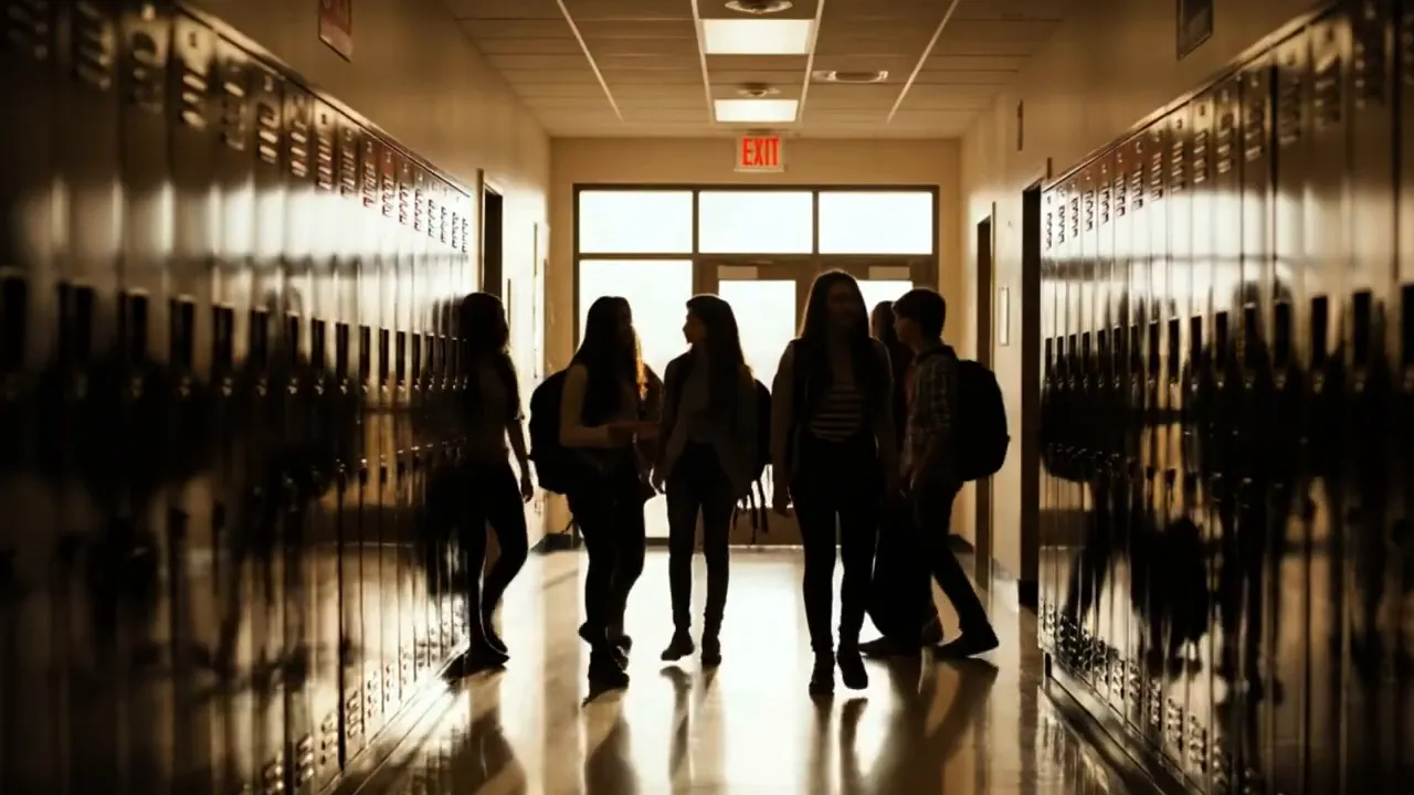 silhouetted students walking and talking in a school hallway lined with lockers