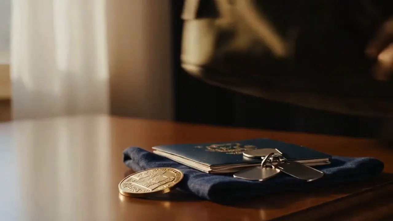 Passport, military dog tags and a challenge coin on a folded cloth on a tabletop