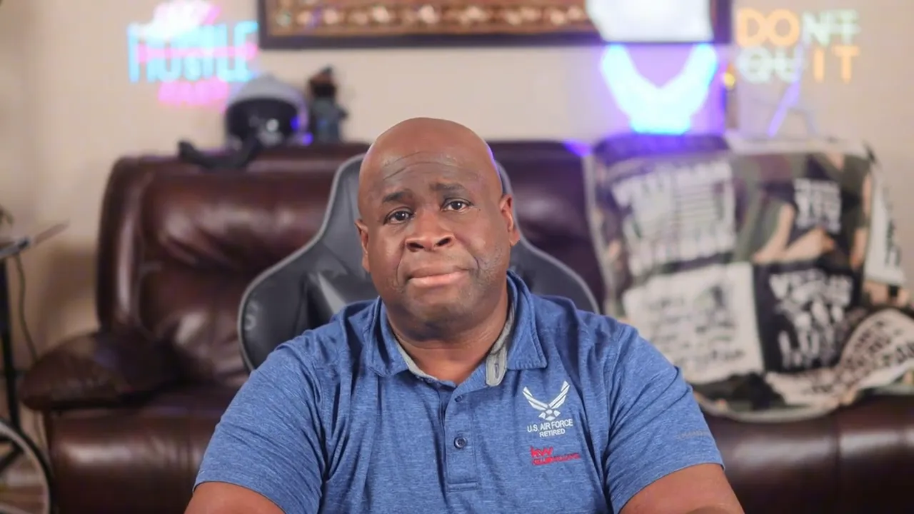 Presenter centered in a home studio wearing a blue polo with a U.S. Air Force logo, clear neutral expression