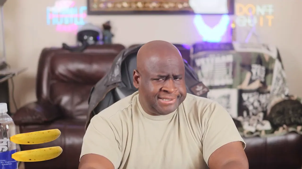 Presenter making a skeptical face with two bananas graphic illustrating commission 'bananas'.