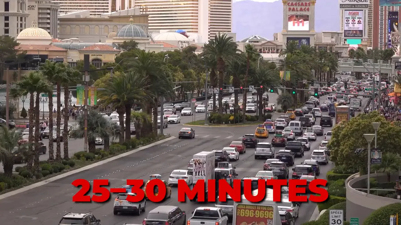 Las Vegas Strip traffic with heavy congestion and red text overlay '25–30 MINUTES'