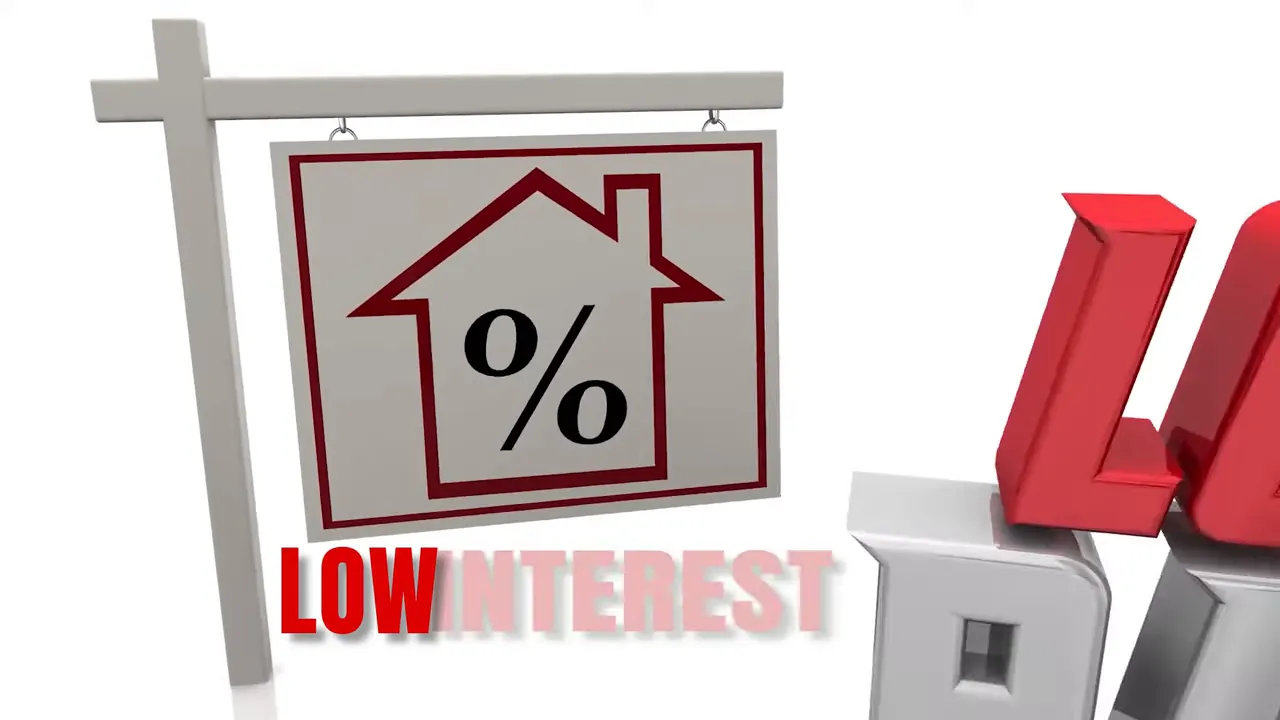 3D graphic sign reading 'LOW INTEREST' with a house and percentage icon