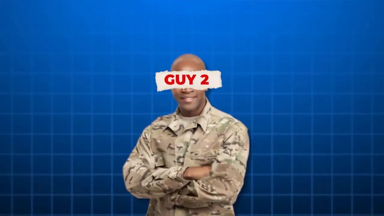 Graphic-style image of a person in uniform labeled 'GUY 2' against a blue grid background, used to show a comparative example.