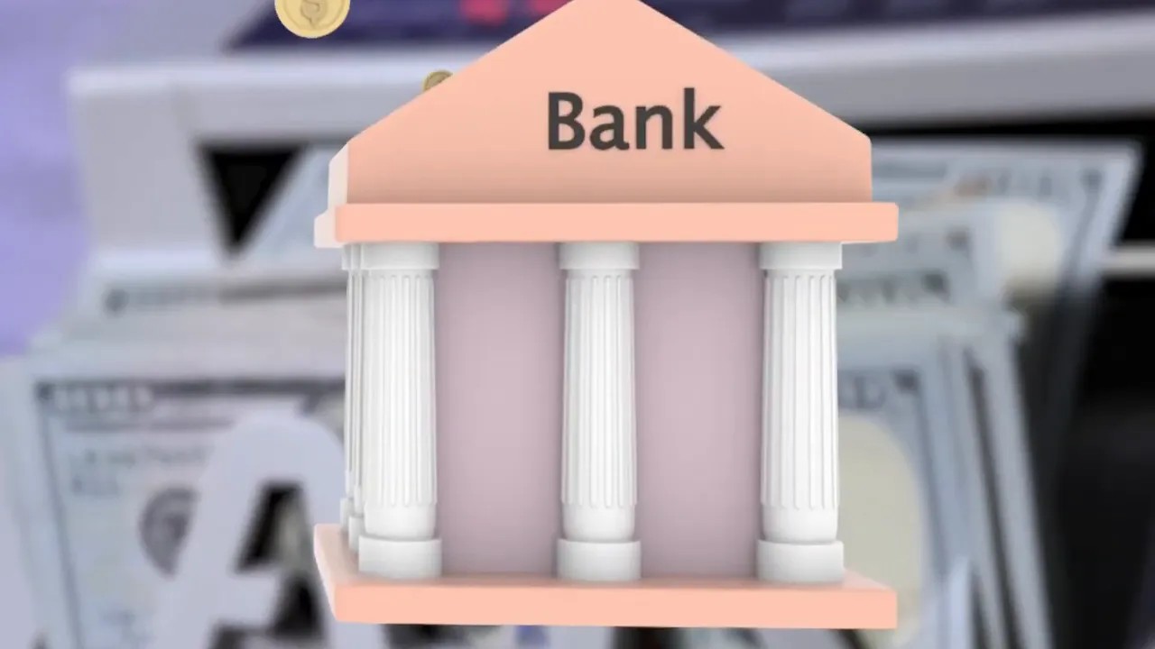 3D bank building labeled 'Bank' in front of US dollar bills