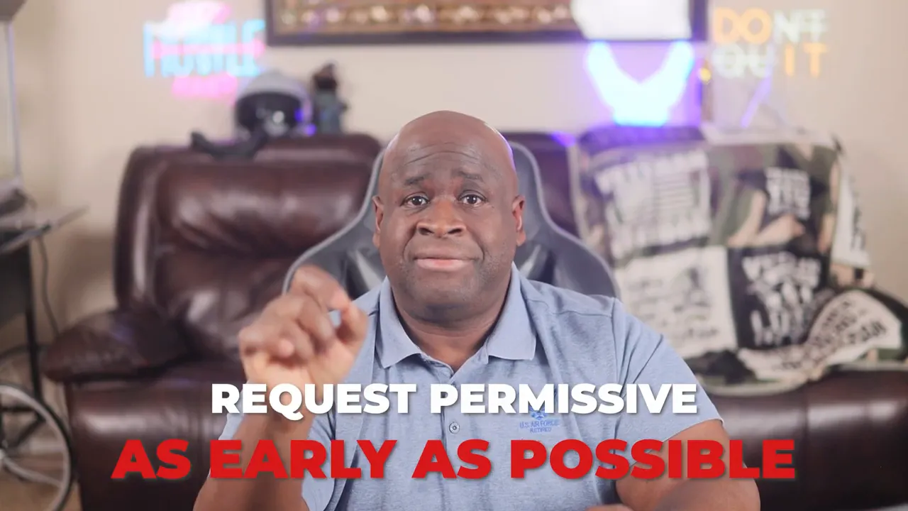 Presenter pointing toward camera with bold on-screen banner reading 'REQUEST PERMISSIVE AS EARLY AS POSSIBLE'.