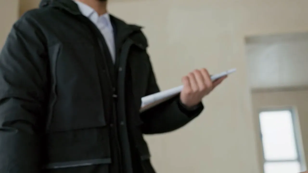 Agent or inspector holding a clipboard and paperwork during a home walk-through.