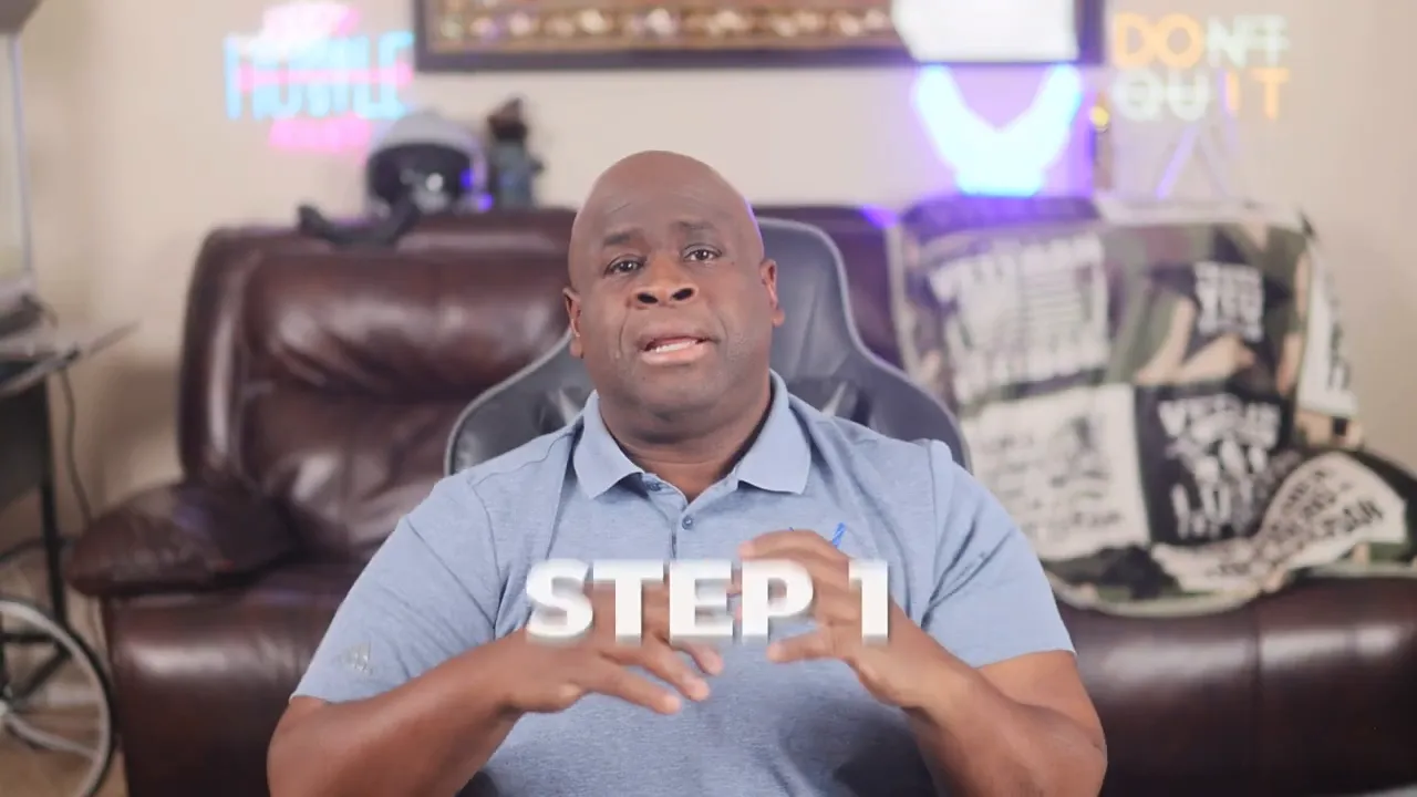 Presenter seated on couch with large on-screen text 'STEP 1' overlay, introducing the timeline.