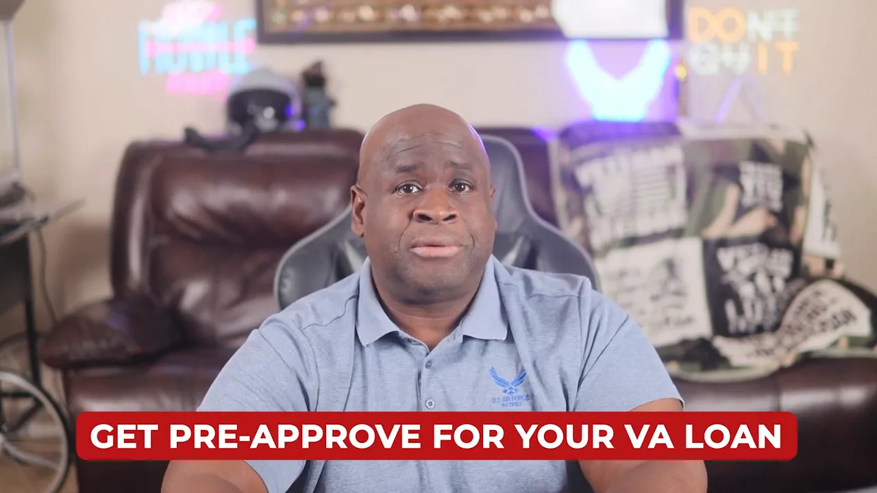Presenter with bold on-screen banner reading 'GET PRE-APPROVE FOR YOUR VA LOAN'
