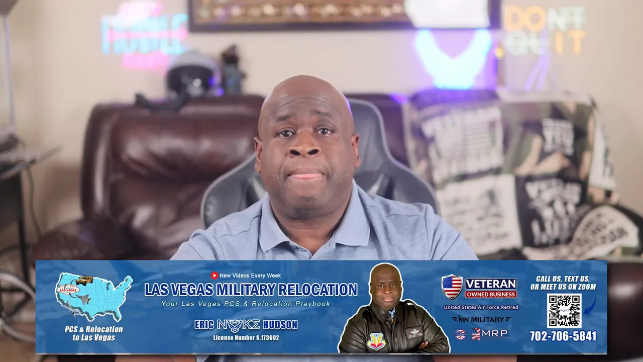 Presenter centered above a branded 'Las Vegas Military Relocation' lower banner, clear mid-shot