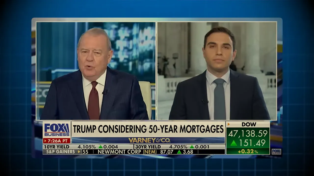 Television news split-screen with on-screen headline about 50-year mortgages and market tickers.