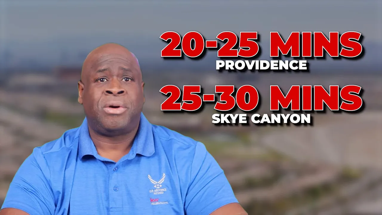 Graphic comparing commute times: Providence 20-25 minutes and Skye Canyon 25-30 minutes