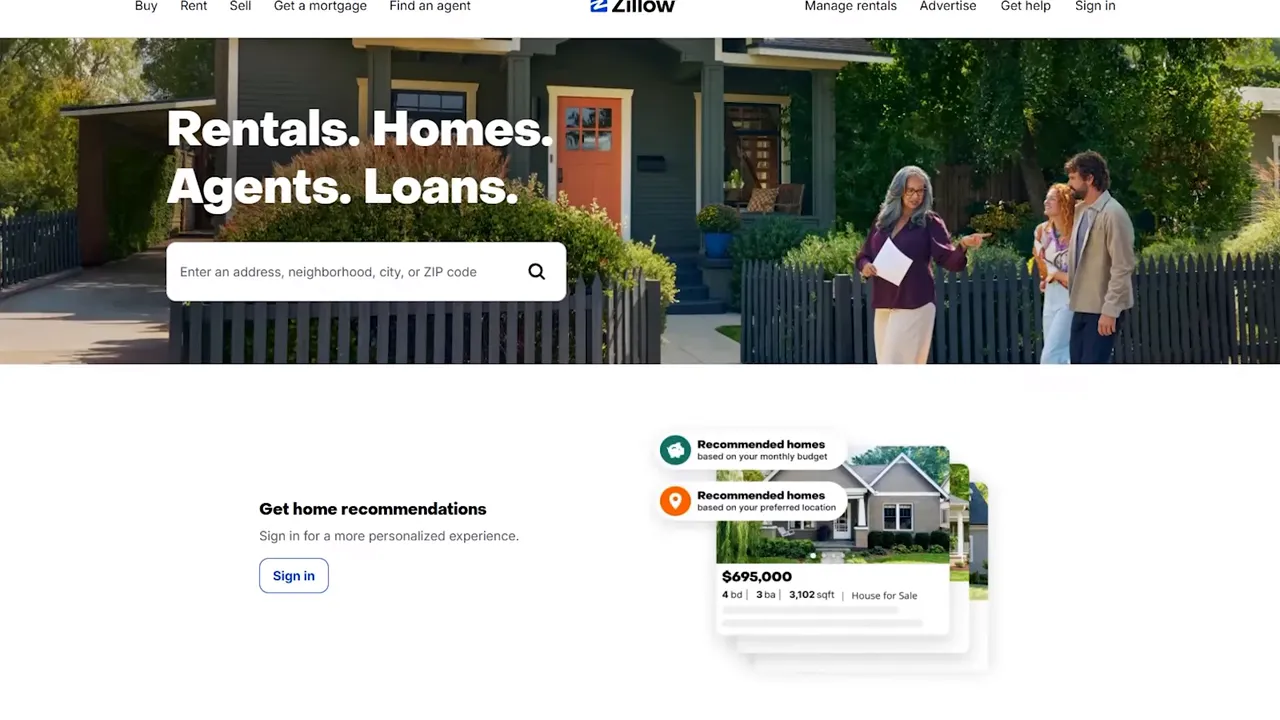Zillow homepage screenshot showing search bar and recommended home cards