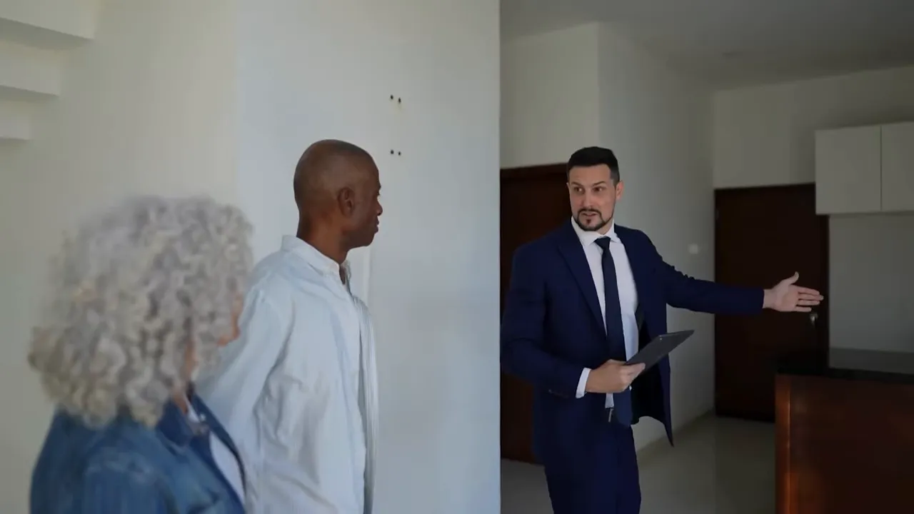 Real estate agent in a suit gesturing through a home's interior while a couple looks on during a showing.