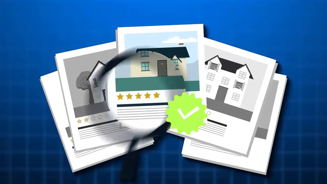 stacked real estate listing cards with a magnifying glass and a green verification check