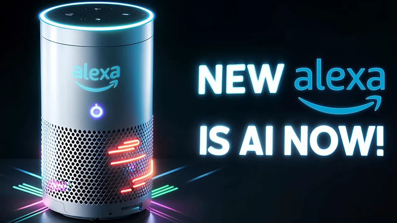Smart speaker with glowing ring and text saying 'NEW alexa IS AI NOW!' representing voice assistant AI
