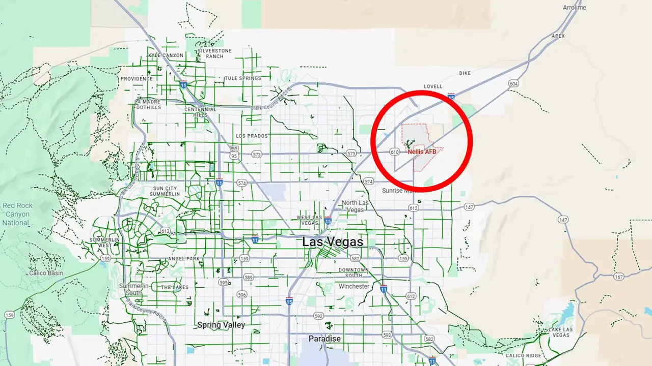 map of Las Vegas with Nellis Air Force Base clearly circled in red