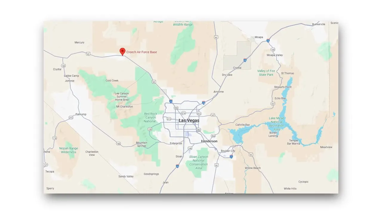 map showing Creech Air Force Base location northwest of Las Vegas