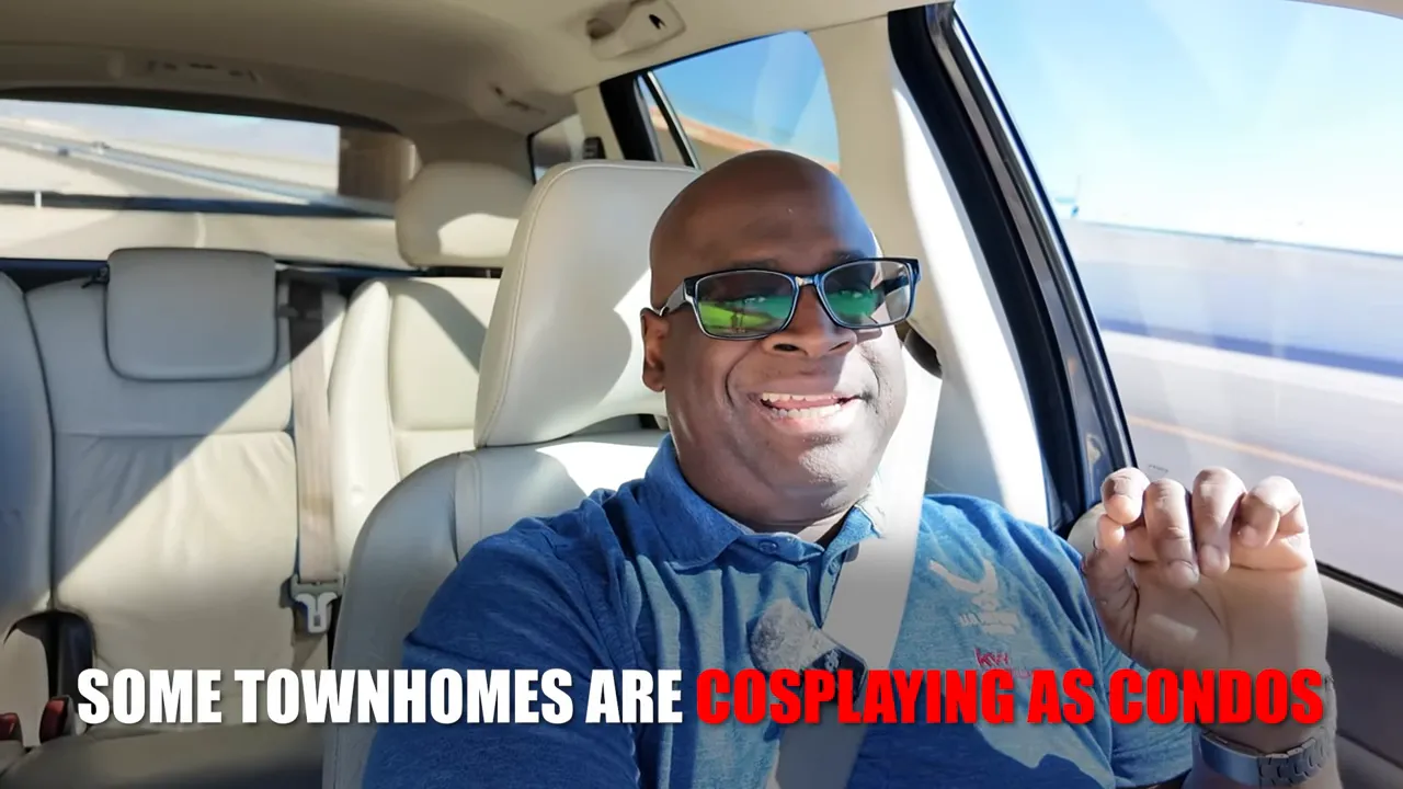 Screenshot of a real estate explainer in a car with on-screen text: “Some townhomes are co-splaying as condos.”